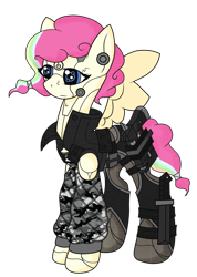 Size: 1044x1469 | Tagged: safe, artist:j053ph-d4n13l, oc, oc only, oc:candy bytes, oc:cheery candy, species:pegasus, species:pony, alternate hairstyle, alternate universe, camouflage, clothing, commission, cyberpunk, cyborg, female, gun, handgun, holster, jacket, knife, leather jacket, mare, multicolored hair, pants, pistol, rainbow hair, simple background, solo, transparent background