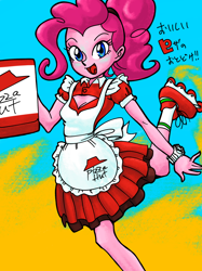Size: 1280x1707 | Tagged: safe, artist:dadss_rootbeer, artist:xjleiu, character:pinkie pie, my little pony:equestria girls, apron, boob window, breasts, carrying, cleavage, clothing, dress, female, food, looking at you, maid, open mouth, pixiv, pizza, pizza box, pizza hut, pizza hut maid dress, roller skates, skating, skirt, smiling, smiling at you, socks, solo, watch, wristwatch
