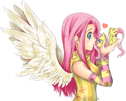 Size: 1119x895 | Tagged: safe, artist:d-tomoyo, character:fluttershy, species:human, species:pony, :o, blushing, clothing, cute, evening gloves, eye contact, female, heart, holding a pony, human ponidox, humanized, in goliath's palm, looking at each other, micro, open mouth, ponidox, shyabetes, simple background, solo, spread wings, tiny, tiny ponies, transparent background, winged humanization, wings