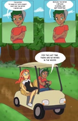 Size: 1280x1979 | Tagged: safe, artist:pettypop, character:sunset shimmer, character:timber spruce, my little pony:equestria girls, annoyed, comic, dialogue, forest, golf cart, parks and rec (show)