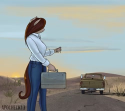 Size: 1280x1135 | Tagged: safe, artist:apocheck13, oc, species:anthro, species:pony, anthro oc, clothing, desert, female, jeans, morning, pants, pick up, pickup truck, road, solo