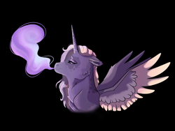 Size: 4000x3000 | Tagged: safe, artist:venommocity, oc, oc only, oc:cassiopeia, parent:tempest shadow, parent:twilight sparkle, parents:tempestlight, species:alicorn, species:pony, black background, female, magical lesbian spawn, mare, offspring, simple background, smoke, solo