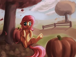 Size: 1024x768 | Tagged: safe, artist:shaliwolf, character:fluttershy, species:pony, autumn, blushing, chest fluff, cute, female, floppy ears, leaf, leaves, leg fluff, mare, open mouth, outdoors, pumpkin, shyabetes, sitting, solo, tree, under the tree, underhoof