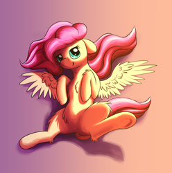 Size: 1320x1329 | Tagged: safe, alternate version, artist:shaliwolf, character:fluttershy, species:pegasus, species:pony, belly fluff, chest fluff, cute, featureless crotch, female, floppy ears, gradient background, hooves to the chest, leg fluff, looking at you, mare, on back, shyabetes, smiling, solo, spread wings, wings