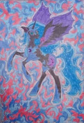 Size: 1442x2096 | Tagged: safe, artist:keshakadens, character:nightmare moon, character:princess luna, species:alicorn, species:pony, abstract background, armor, bipedal, female, mare, moon, raised hoof, traditional art