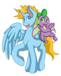 Size: 1024x1279 | Tagged: safe, artist:mscolorsplash, character:spike, oc, oc:harmony star, species:alicorn, species:dragon, species:pony, alicorn oc, duo, simple background, transparent background, winged spike