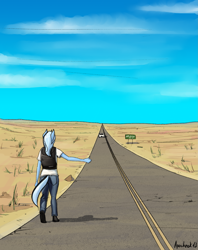 Size: 1855x2348 | Tagged: safe, artist:apocheck13, character:trixie, species:anthro, species:plantigrade anthro, car, female, hitchhiking, road, solo