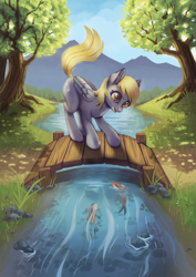 Size: 2471x3500 | Tagged: safe, artist:taytinabelle, character:derpy hooves, species:pegasus, species:pony, bridge, cute, derpabetes, digital art, ear fluff, female, fish, fluffy, grass, happy, koi, looking down, mare, nature, open mouth, river, smiling, solo, tree