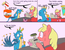 Size: 3099x2403 | Tagged: safe, artist:skunkstripe, character:gallus, species:griffon, species:pony, episode:hearts and hooves day, g4, my little pony: friendship is magic, blushing, cash register, comic, dialogue, gallus gets all the creatures, holiday, implied shipping, polyamory, student six omniship, valentine's day