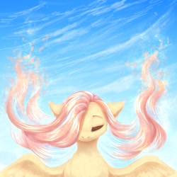 Size: 1600x1600 | Tagged: safe, artist:avrameow, character:fluttershy, species:pegasus, species:pony, bust, eyes closed, female, floppy ears, full face view, hair over one eye, mare, outdoors, sky, solo, spread wings, windswept mane, wings