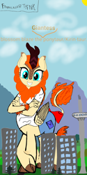 Size: 1080x2160 | Tagged: safe, artist:blossomblaze, artist:calebtyink, species:anthro, species:centaur, species:kirin, species:pony, spoilers for another series, bow, building, clothing, female, giant pony, giant ponytaur, giantess, kirin-taur, macro, mountain, ponytaur, ponytaur universe, sky, taur