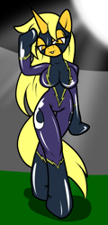 Size: 849x1765 | Tagged: safe, artist:chaoscroc, oc, oc only, oc:dream searcher, species:anthro, species:pony, species:unguligrade anthro, species:unicorn, bedroom eyes, breasts, clothing, costume, female, full moon, horn, latex, latex suit, mind control, moon, salute, shadowbolts, shadowbolts costume, solo, unicorn oc