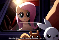 Size: 698x474 | Tagged: safe, artist:ruhje, character:angel bunny, character:fluttershy, species:pegasus, species:pony, aivo, animated, avo, car, comic, crossover, descriptive noise, female, heavy metal, mare, meme, metal, metalshy, monsters university, music, open mouth, parody, pixar, scene parody, sound, squirrel, subtitles, the pony machine learning project, webm