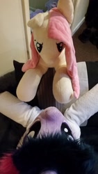 Size: 1836x3264 | Tagged: safe, artist:blackwater627, artist:joltage, character:fluttershy, character:twilight sparkle, species:alicorn, species:pegasus, species:pony, bathrobe, clothing, female, irl, photo, plushie, robe