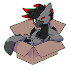 Size: 897x875 | Tagged: safe, artist:cleoziep, oc, oc only, oc:scorp1.0, oc:scorpio, species:griffon, box, chest fluff, in a box, one eye closed, solo, wink, winking at you