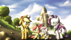 Size: 1920x1080 | Tagged: safe, artist:fongsaunder, character:apple bloom, character:applejack, character:rarity, character:sweetie belle, species:earth pony, species:pony, species:unicorn, bandana, female, filly, map, mare, mountain, pointing, saddle bag, scenery