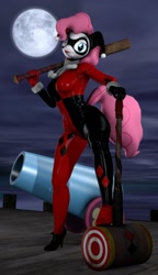 Size: 691x1200 | Tagged: safe, artist:gildedbonexfm, character:pinkie pie, species:anthro, 3d, baseball bat, cannon, clothing, cosplay, costume, female, hammer, harley quinn, moon, party cannon, pinkie quinn, solo, source filmmaker