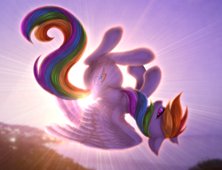 Size: 2600x2000 | Tagged: safe, artist:avrameow, character:rainbow dash, species:pegasus, species:pony, backlighting, crepuscular rays, ear fluff, female, flying, high res, lens flare, looking at you, mare, profile, solo, spread wings, sun, sunlight, upside down, wings