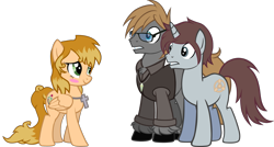 Size: 2169x1159 | Tagged: safe, artist:theeditormlp, oc, oc only, oc:jeweled faith, oc:silver trust, oc:the editor, species:earth pony, species:pegasus, species:pony, species:unicorn, clothing, cross, female, glasses, mare, shirt, simple background, transparent background, vest