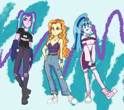 Size: 1600x1421 | Tagged: safe, artist:pettypop, character:adagio dazzle, character:aria blaze, character:sonata dusk, my little pony:equestria girls, '90s, alternate costumes, boots, clothing, converse, cute, jeans, jewelry, necklace, pants, shoes, sneakers, solo jazz, sonatabetes, the dazzlings