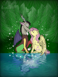 Size: 768x1024 | Tagged: safe, artist:delfinaluther, character:discord, character:fluttershy, species:draconequus, species:pegasus, species:pony, ship:discoshy, eyes closed, female, imminent kissing, lights, male, mare, pine tree, pond, profile, reflection, ripple, shipping, signature, sitting, smiling, spread wings, straight, tree, water, wings