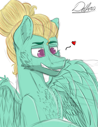 Size: 785x1015 | Tagged: safe, artist:delfinaluther, character:zephyr breeze, species:pegasus, species:pony, bust, cheek fluff, chest fluff, colored pupils, colored sketch, ear fluff, floating heart, grin, heart, lidded eyes, male, portrait, signature, simple background, smiling, solo, stallion, three quarter view, white background