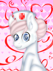 Size: 768x1024 | Tagged: safe, artist:delfinaluther, character:nurse redheart, species:earth pony, species:pony, bust, cheek fluff, clothing, ear fluff, female, hat, heart, heart background, heart eyes, looking at you, mare, nurse hat, portrait, ribbon, signature, sitting, smiling, solo, three quarter view, wingding eyes