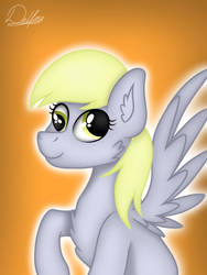 Size: 768x1024 | Tagged: safe, artist:delfinaluther, character:derpy hooves, species:pegasus, species:pony, bust, cheek fluff, chest fluff, ear fluff, female, gradient background, mare, orange background, portrait, raised hoof, signature, simple background, smiling, solo, spread wings, three quarter view, wings