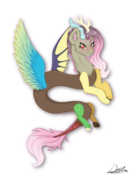 Size: 768x1024 | Tagged: safe, artist:delfinaluther, character:discord, character:fluttershy, species:draconequus, blushing, colored wings, cute, cute little fangs, ethereal mane, fangs, fusion, galaxy mane, gradient wings, looking at you, multicolored wings, signature, simple background, smiling, white background, wings