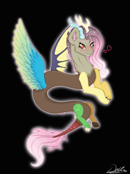Size: 768x1024 | Tagged: safe, alternate version, artist:delfinaluther, character:discord, character:fluttershy, species:draconequus, black background, blushing, colored wings, cute, cute little fangs, ethereal mane, fangs, female, fusion, galaxy mane, gradient wings, heart, looking at you, male, multicolored wings, signature, simple background, smiling, wings