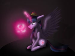Size: 1024x768 | Tagged: safe, artist:delfinaluther, character:twilight sparkle, character:twilight sparkle (alicorn), species:alicorn, species:pony, cheek fluff, chest fluff, crown, darkness, ear fluff, female, glow, glowing horn, horn, jewelry, leg fluff, magic, mare, profile, regalia, shadow, sitting, smiling, solo, spread wings, wings