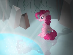 Size: 1024x768 | Tagged: safe, artist:delfinaluther, character:pinkie pie, species:earth pony, species:pony, cave, chest fluff, ear fluff, female, leg fluff, mare, mirror pool, profile, reflection, shadow, shining, sitting, smiling, solo, swimming pool
