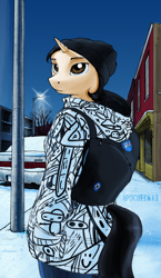 Size: 1978x3411 | Tagged: safe, artist:apocheck13, oc, oc only, oc:elya, species:anthro, species:pony, species:unicorn, backpack, car, clothing, female, looking back, morning, snow, solo, street, winter, winter jacket, winter outfit