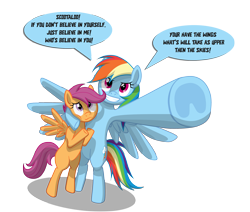 Size: 2711x2304 | Tagged: safe, artist:le-23, character:rainbow dash, character:scootaloo, species:pegasus, species:pony, bipedal, engrish, intentional spelling error, simple background, tengen toppa gurren lagann, transparent background, underhoof
