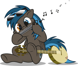Size: 2000x1698 | Tagged: safe, artist:le-23, oc, oc only, oc:going lucky, species:pegasus, species:pony, banjo, harmonica, heterochromia, male, music notes, musical instrument, simple background, solo, stallion, sunglasses, transparent background