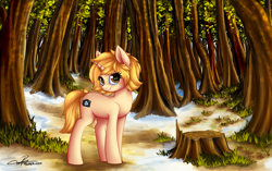 Size: 4500x2823 | Tagged: safe, artist:supermoix, oc, oc only, oc:pia, species:pony, species:unicorn, beautiful, complex background, cute, female, forest, forest background, grass, mare, scenery, scenery porn, solo, tree stump