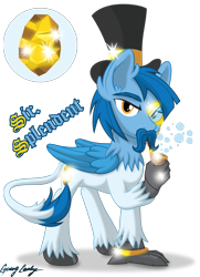 Size: 1807x2500 | Tagged: safe, artist:le-23, oc, oc:sir splendent, species:hippogriff, bubble pipe, clothing, gold, hat, male, pipe, simple background, solo, top hat, transparent background