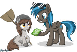 Size: 2950x2033 | Tagged: safe, artist:le-23, oc, oc only, oc:going lucky, species:earth pony, species:pegasus, species:pony, bag, female, heterochromia, male, mare, shovel, simple background, stallion, sunglasses, transparent background