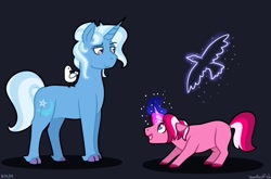 Size: 1280x845 | Tagged: safe, artist:quincydragon, character:trixie, oc, oc:berry burst, parent:tempest shadow, parent:twilight sparkle, parents:tempestlight, species:bird, species:pony, blank flank, cloven hooves, colt, dove, glowing horn, horn, magic, magical lesbian spawn, male, next generation, offspring