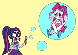 Size: 1329x940 | Tagged: safe, artist:bugssonicx, character:pinkie pie, character:twilight sparkle, character:twilight sparkle (scitwi), species:eqg human, g4, my little pony: equestria girls, my little pony:equestria girls, blowing bubbles, bow tie, bubble, bubble wand, clothing, female, floating, geode of telekinesis, glasses, hairpin, in bubble, magical geodes, pantyhose, pinkie being pinkie, ponytail, sandals, simple background, skirt, surprised, tank top, trapped, yellow background