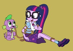 Size: 1370x965 | Tagged: safe, artist:bugssonicx, character:spike, character:spike (dog), character:twilight sparkle, character:twilight sparkle (scitwi), species:dog, species:eqg human, g4, my little pony: equestria girls, my little pony:equestria girls, bow tie, clothing, collar, cute, female, glasses, gold background, ponytail, rope, shoes, skirt, socks, spikabetes, tied, twiabetes, untying