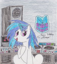 Size: 2268x2534 | Tagged: safe, artist:darkknightwolf2011, character:dj pon-3, character:vinyl scratch, species:pony, species:unicorn, female, high res, mare, mixing console, present, sitting, solo, traditional art, turntable