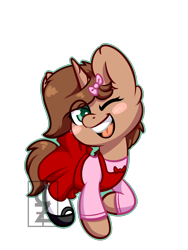 Size: 1500x2000 | Tagged: safe, artist:cleoziep, oc, oc only, oc:heroic armour, species:pony, species:unicorn, alternate hairstyle, blushing, clothing, crossdressing, dress, fake eyelashes, femboy, male, mary janes, ribbon, shoes, simple background, smiling, socks, solo, teenager, transparent background