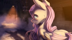 Size: 1024x577 | Tagged: safe, artist:klarapl, character:fluttershy, oc, unnamed oc, species:pegasus, species:pony, species:unicorn, cheek fluff, duo, female, folded wings, looking at you, looking back, looking back at you, mare, mist, nervous, night, outdoors, scared, shadow, spotlight, stalker, stranger, street, streetlight, this will not end well, unknown pony, wide eyes, wings
