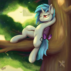 Size: 1500x1500 | Tagged: safe, artist:foxpit, character:dj pon-3, character:vinyl scratch, species:bird, species:pony, species:unicorn, female, leaves, mare, on a branch, red eyes, sitting, sitting in a tree, solo, straw in mouth, tree, tree branch