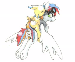 Size: 2516x2092 | Tagged: safe, artist:oddwarg, community related, oc, oc only, oc:oxford nimbus, oc:sulphur nimbus, species:hippogriff, species:pegasus, species:pony, butt feathers, duo, eyes closed, female, flying, flying lesson, folded wings, goggles, hippogriff oc, male, spread wings, stallion, sulphur nimbus, traditional art, underhoof, wings