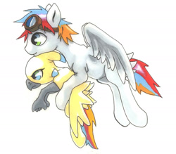 Size: 1797x1575 | Tagged: safe, artist:oddwarg, community related, oc, oc only, oc:oxford nimbus, oc:sulphur nimbus, species:hippogriff, species:pegasus, species:pony, butt feathers, duo, female, flying, flying lesson, goggles, hippogriff oc, holding, hoof hold, male, spread wings, stallion, sulphur nimbus, traditional art, unamused, wings