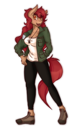 Size: 1242x1920 | Tagged: safe, artist:mscolorsplash, oc, oc only, oc:athena, species:anthro, species:earth pony, species:pony, anthro oc, boots, clothing, commission, female, freckles, looking at you, mare, open mouth, pants, red hair, red mane, red tail, shirt, shoes, signature, simple background, solo, transparent background