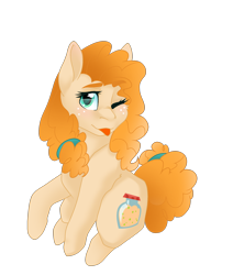 Size: 2000x2354 | Tagged: safe, artist:dollpone, character:pear butter, species:earth pony, species:pony, blep, female, freckles, mare, one eye closed, raised hoof, simple background, solo, tongue out, transparent background, wink