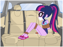 Size: 800x600 | Tagged: safe, artist:brightstar40k, character:twilight sparkle, character:twilight sparkle (scitwi), species:eqg human, my little pony:equestria girls, bondage, bound and gagged, car, cloth gag, clothing, feet, gag, kidnapped, legs, rope, rope bondage, sandals, swimsuit, tied up
